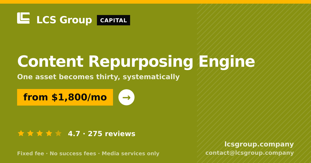 Content Repurposing Engine — from $1,800/mo, rated 4.7/5 across 275 reviews. LCS Group Company.