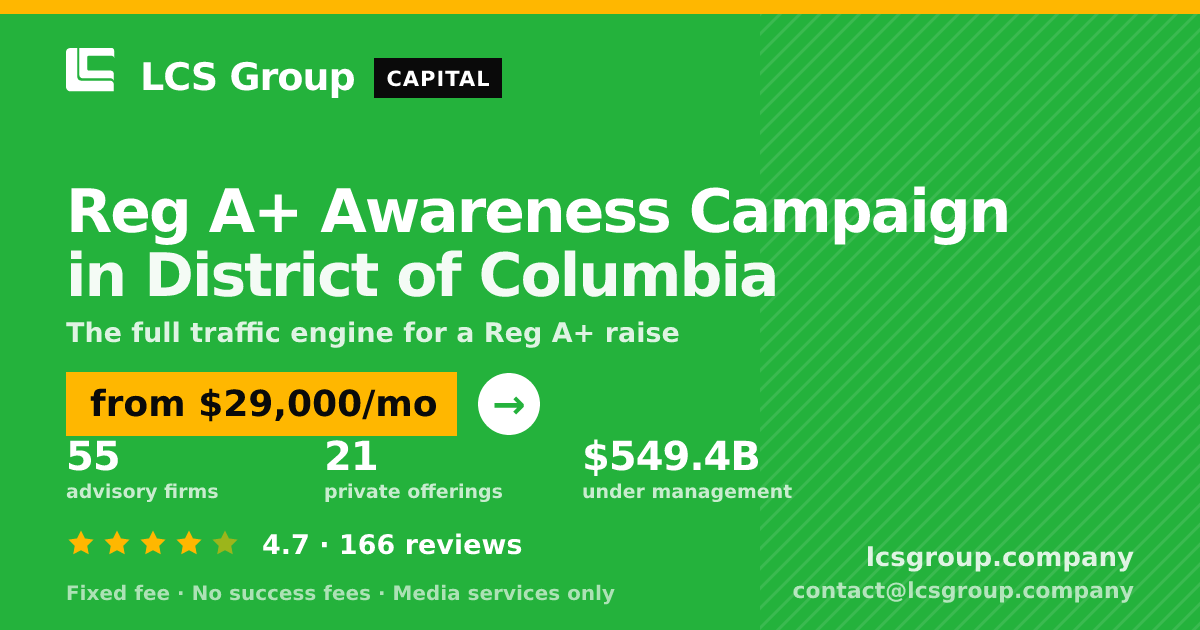Reg A+ Awareness Campaign in District of Columbia — from $29,000/mo, rated 4.7/5 across 166 reviews. LCS Group Company.