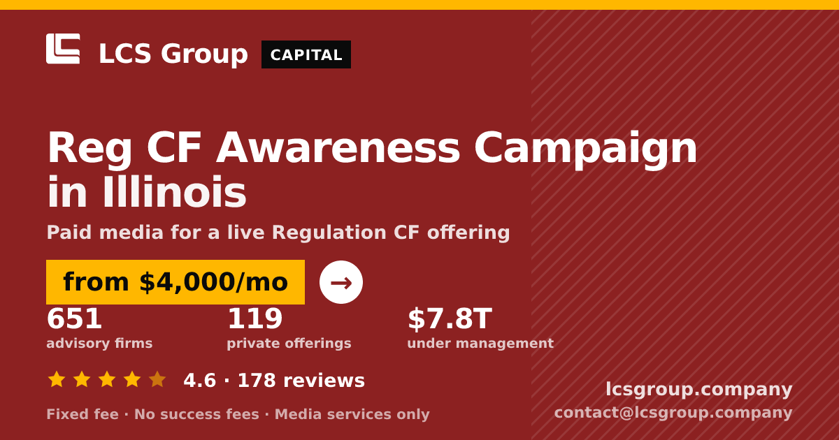 Reg CF Awareness Campaign in Illinois — from $4,000/mo, rated 4.6/5 across 178 reviews. LCS Group Company.