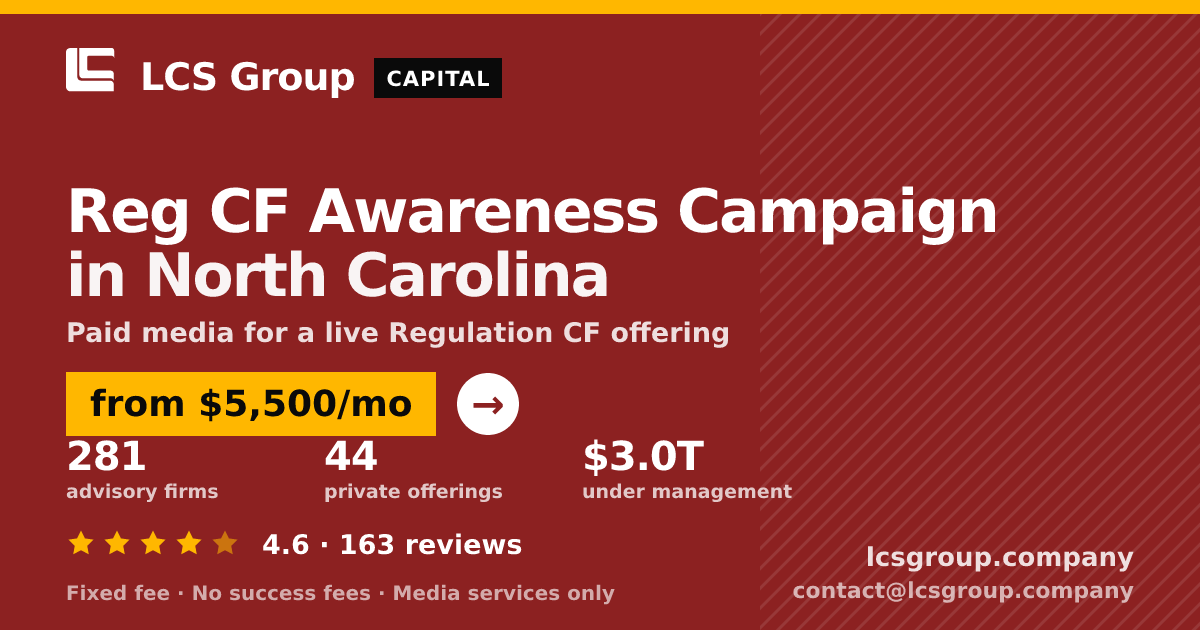 Reg CF Awareness Campaign in North Carolina — from $5,500/mo, rated 4.6/5 across 163 reviews. LCS Group Company.